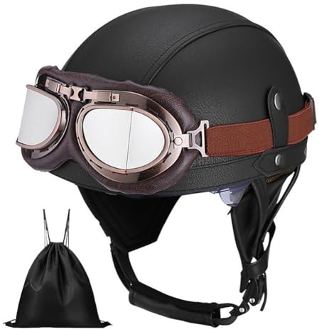 Uueybsg Deutsche Retro Motorrad Halbhelme, Leder Vintage Jethelm mit Visier Halbschalenhelm mit ECE, Motorradhelm Cruiser Chopper Roller Mofa Moped Scooter Helm für Erwachsene Herren Damen