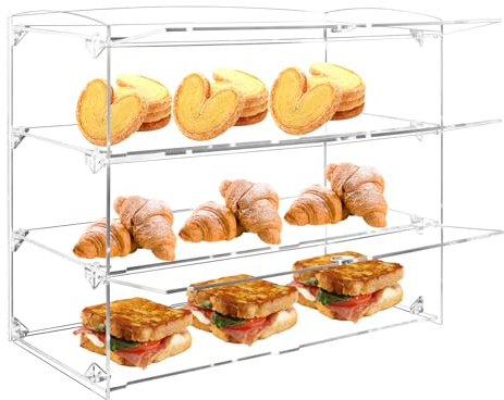 Fhmidic 3-stöckige Gebäck-Vitrine, Acryl-Thekenvitrine Bäckerei-Vitrine 48.5x23x40cm, Acryl Vitrine für Sammlerstücke Figuren, Bäckerei Konditorei Vitrine für Cupcakes Kekse Brot Minikuchen Donut