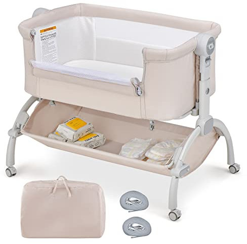COSTWAY Lit Cododo Bébé avec Matelas & Panier & Moustiquaire, Lit Bébé Evolutif avec 7 Hauteur Réglable, Roues Universelles avec Frein, Charge 9kg pour 0-6 Mois (Beige)