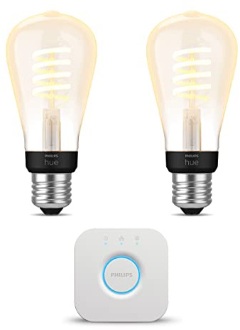 Philips Hue Starterpaket - E27 - mit 2 Filament Edison Glühbirnen Klein (ST64) - Warm bis Kaltweißes Licht - inkl. 1 Hue Bridge - Hue White Ambiance Filament
