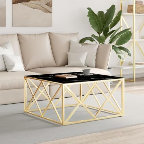 HaoChrymec Couchtisch mit Edelstahlrahmen und Glasplatte, Modernes Design in Marmor-Optik, Vielseitig als Wohnzimmer Tisch oder Beistelltisch, Pflegeleicht, Golden, 80 x 80 x 40 cm
