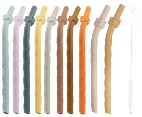 10 Pcs Reusable Silicone Straws with 1 Cleaning Brush - 16cm Long 8.8mm Wide Bend Drinking Straws - Premium Food-Grade Silicone Straws - Soft Flexible Straw for Children & Elderly