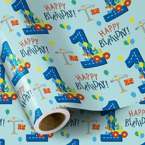 RUSPEPA Geschenkpapier zum 1. Geburtstag für Jungen – Mini-Rolle – Dinosaurier-Truck mit Happy Birthday-Motiv – 43,2cm x 5m – 1 Jahr