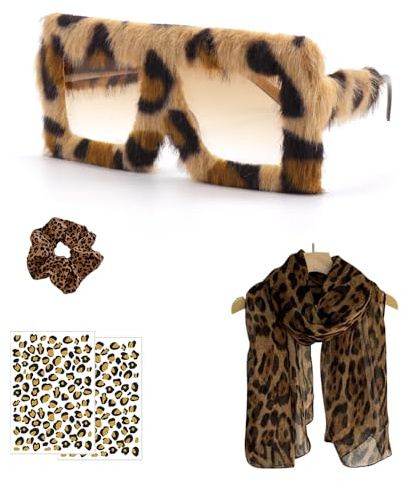 FIDWALL Leopard Print Zubehör Set, Sonnenbrille, Seidenschal, Scrunchie und Tattoo Aufkleber, Party Kostüm Accessoires für Damen, Fasching, Geburtstag, Foto Requisiten