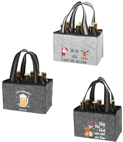 Annastore 3er Set Flaschentaschen Weihnachten Filz für 6 Flaschen Bier | Wiederverwendbar & stabil, 22,5 x 15 x 14 cm, Tragetaschen als Geschenkverpackung im Weihnachtsdesign