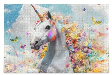 White Unicorn Colorful Flower Puzzle Jigsaw Puzzle Challenge Puzzles for Adult 500 Pieces