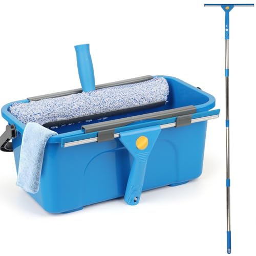 Window Cleaning Equipment with Bucket(3Gal/12L), 35cm Window Washing Squeegee, 38cm Scrubber, Cloth, Cleaning Poles, All-in-one Cleaner Tool Kit for High Windows, Shower Glass, Car, RV, Household Use