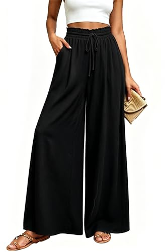 Koerye Pantalon à Jambes Larges pour Femme Casual Ample Décontracté Fluide Léger Pants Longueur Pants Chic et Elegant avec Poches Noir,L
