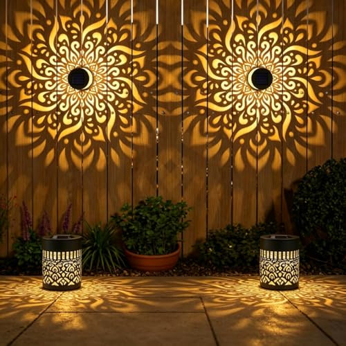 2 Stück Decorative Solar Mandala Lights,Mandala Solar Lights,Solarlampen für Außen,LED Garden Lantern Wasserdichte für Gartendeko und Terrasse