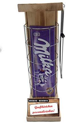 Personalisierte Geschenke für Männer Frauen Geschenkidee - Eiserne Reserve Gitter Text rot Milka Schokolade (1 x 280 g) incl. Notsäge - Papa Mama Geburtstag Hochzeit