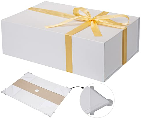 Geschenkbox mit Deckel, Geschenkbox Klein, Geschenkbox Geburtstag mit Magnetisch Deckel mit Band, 26.5 * 19 * 9CM Rechteckige Geschenkbox Weiß, für Weihnachten, Geburtstage, Jubiläen
