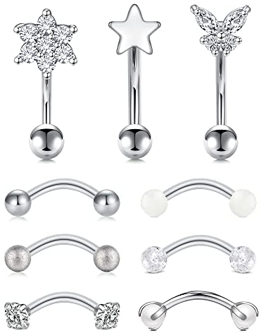 Rajnard 9 Stück Augenbrauenpiercing Rook Piercing Ohrringe 16G 8mm Chirurgenstahl Augenbrauenringe mit Diamant Perle Star Daith Piercing Bauchnabelpiercing