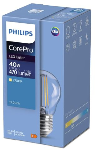 Philips CorePro LED P45 4.3W (40W Equivalent) E27 ES Clear Golf Ball Bulb, Very Warm White 2700K, Energy Saving LED Lamp, Edison Screw, Non-Dimmable, Long Life Incandescent Replacement