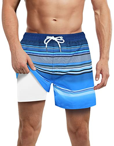 LUCOWEE Mens Swim Trunks with Compression Liner Chafeless Boxer Brief Lined Swimming Trunks Quick Dry UPF 50+ Stretchy 5/7 inch Inseam Bathing Suit Shorts Blue Striped