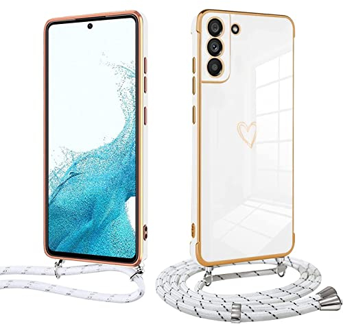 Handyhülle mit Band für Samsung Galaxy S22, Handykette Weich TPU Silikon Schutzhülle Kameraschutz Kratzfest Stoßfest Dünn Case Cover, Electroplated Cute Herz Mädchen Hülle,weiß