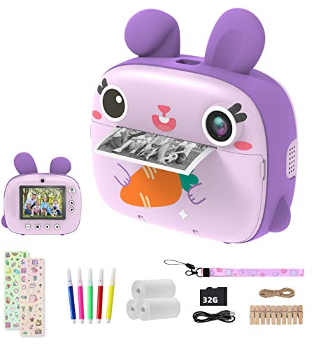 CAMCLID Instant Camera for Kids, 1080P Kids Camera Instant Print with Print Paper & 32G SD Card, Selfie Digital Video with 2.4” Screen, Ideal Toy Gift for Girls Boys 3-12 (Purple)