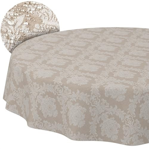 Stoff Tischdecke Textil Tischwäsche Tischtuch Baumwolle Polyester abwaschbar Uni Ornament Damast Jacquard Gewebe waschbar Barock Beige Rund 140cm Schnittkante