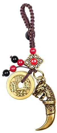 Mansiyuyee Porte-clés dragon en laiton avec pièces Feng Shui, dent de dragon porte-bonheur, pompon porte-bonheur