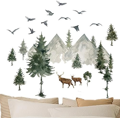 Uozonit Wandaufkleber, Berge, Aquarell, Bergaufkleber, Aquarell, Basteln, Wandtattoo, Tiere, Baum, Dekoration für Kinderzimmer, Holz, für TV-Hintergrund