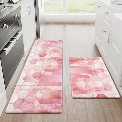 Alishomtll PVC Küchenläufer 2 Stück 44x75+44x120cm, rutschfest Wasserdicht Küchenteppich Anti-Müdigkeit, 10mm Gummirücken Küchenmatte Waschbar Pflegeleicht Teppich Läufer für Küche, Rosa