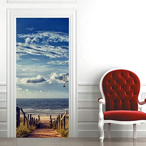 Sticker porte Trompe l'oeil Effect Papier Peint 3d pour Porte Photo Stickers Muraux Auto-adhésif Autocollants PVC Imperméable pour Chambre Salle de Bain Cuisine 63x205 cm Mer