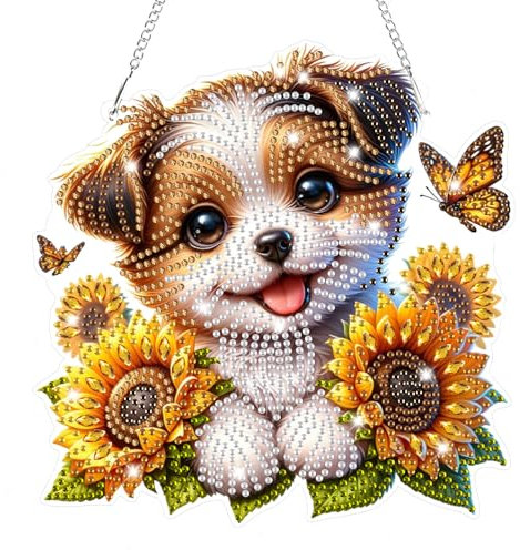 Lxmsja 5D Diamond Painting Anhänger Hund, Sonnenblume Diamond Painting Fensterbilder Beidseitig für Erwachsene Kinder, Bastelset Kreativ Set, Hängend Ornament Kranz Tür Fenster Wand Eingang Decor