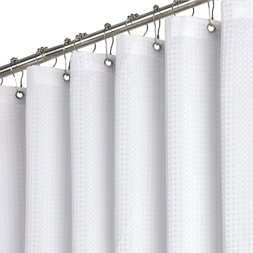 BTTN Duschvorhang Waffelstruktur 90x200 cm schmaler wasserdicht, Weiß | 6 Plastikhaken, Rückseitig Laminiert Wasserdicht, Waffelstruktur, Anti-Schimmel, Beschwerter Saum, Waschbar Textil Stoff