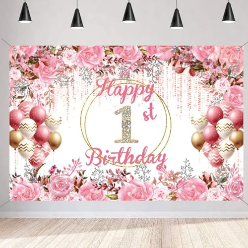 1. Geburtstag Deko Mädchen, Happy 1st Birthday Banner Stoff Schild Plakat, 1. Geburtstag Hintergrund Banner, Geburtstagsfeier Willkommensschild mit rosa Blumenelement