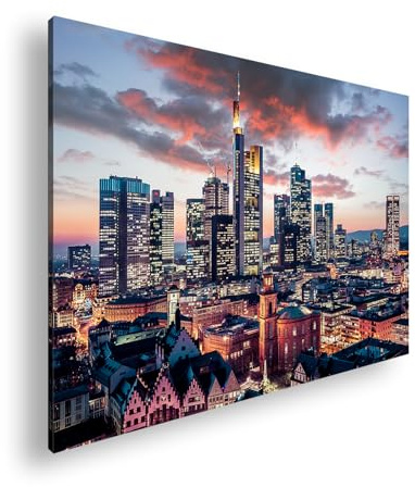 Farbenhorizont Leinwandbild Frankfurt erstrahlt im Glanz der Dämmerung und Moderne Format: 80x60cm XXL Wandbild auf Keilrahmen/Kunstdruck/Bild Wohnzimmer Dekoration
