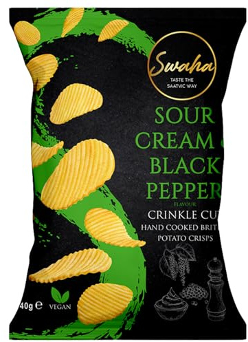 Swaha Authentically Saatvic Hand Cooked British Potato Crisps X24 Sour Cream & Black Pepper Flavour 40g (SOUR CREAM AND BLACK PEPPER, 24 PACK)