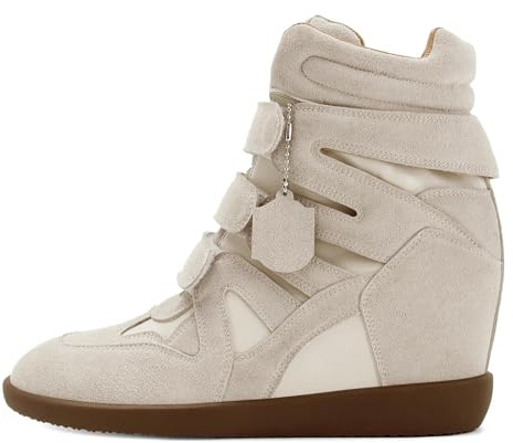 Dsevht Hidden Wedge Sneakers for Women High Top Fashion Sneaker Suede High Heel Platform Tennis Triple Strappy Band Casual Vintage Dressy Comfy Campus Trendy Retro Sneaker Beige