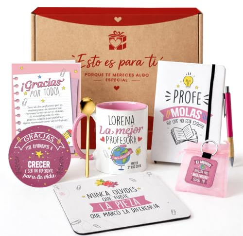 Kembilove® Regalo Profesora Fin de Curso Personalizado – Pack Detalle de Clase con Taza y Libreta – Idea Original para Despedidas y Agradecimiento Escolar