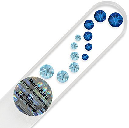 Small Size Crystal Glass Nail File hand decorated with Swarovski crystals, Hand Made in Czech Republic (Europe), Czech Tempered Glass, Lifetime Guaranty, in Suede Sleeve (Capri Blue - Aquamarine)