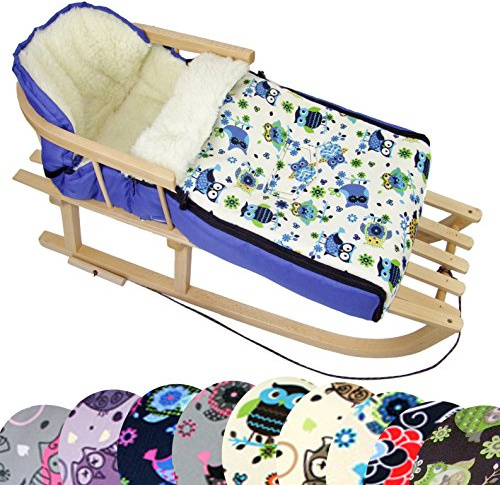 BAMBINIWELT Kombi-Angebot Holz-Schlitten mit Rückenlehne & Zugseil + universaler Winterfußsack (90cm), auch geeignet für Babyschale, Kinderwagen, Buggy, aus Wolle im Eulendesign