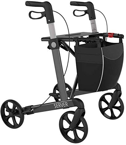 Rehasense Leichtgewicht Rollator Server grau für Senioren mit abnehmbarer Einkaufstasche, bequemen Sitz und Steighilfe, höhenverstellbar, faltbar und bis 150 kg belastbar (M)