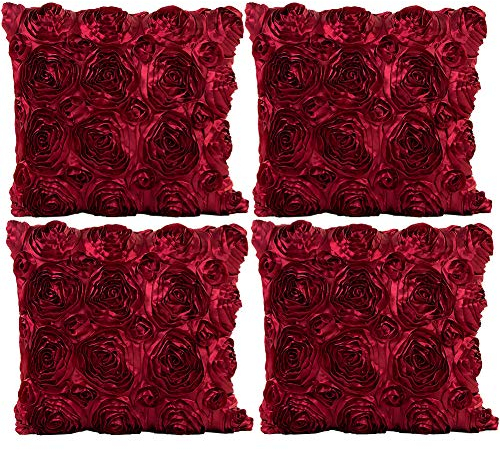 JOTOM Kissenbezug mit Rosenmotiv, einfarbig, Seidensatin, für Zuhause, Couch, Sofa, dekorativ, 45 x 45 cm, Weinrot, 4 Stück