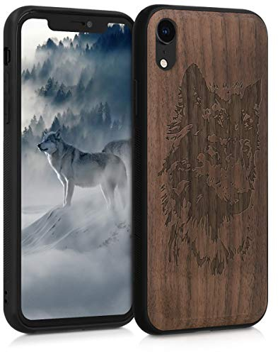 kwmobile Hülle kompatibel mit Apple iPhone XR Hülle - Holz Case - Handy Cover - TPU Handyhülle in Braun Dunkelbraun Wolfskopf