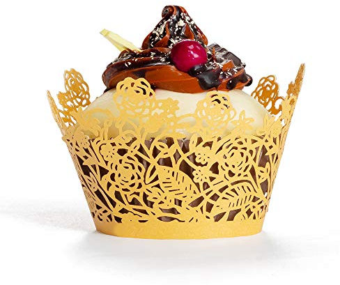 YOZATIA 60pcs Gold Rose Lace Cupcake Wrappers Holders, Laser Cut Cupcake Liners Decorative Liners for Wedding Party Birthday Cake Decoration Supplies