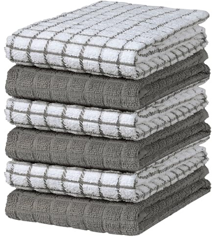 Bumble Kitchen Towels 16x 28 | Highly Absorbent Dish Towels with Hanging Loop | Natural Ring Spun Cotton, 380 GSM | Gray Check Design - 6 Pack | 380 GSM | Soft kitchen hand towels , Highly Absorbent & Durable Dish Towels for kitchen with Hanging Loop