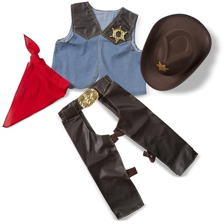 Melissa & Doug Cowboy Role Play Costume Set (5 pcs) - Includes Faux Leather Chaps - Cowboy Dress-Up Role Play Costume with Vest for Boys and Girls