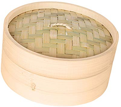 VANKOA 6-Inch / 7-Inch / 8-Inch Bamboo Steamer - Food Cooking - Great for Dumplings, Vegetables, Chicken, Fish, Steam Rice - Brown+Brown, 18cm
