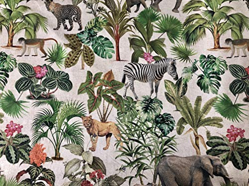 Stoff mit Safari-Zoo-Motiv, Digitaldruck, tropische Dschungel, Palme, Blätter, Leinenoptik, 138 cm breit, Meterware