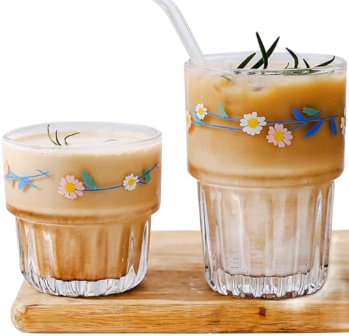 yaocoral Set mit 2 floralen Trinkgläsern, Blumen-Glas-Kaffeetassen, niedliche Gänseblümchen, Glasbecher für Saft, Eiskaffee, Tee, Latte, Dessert, Milch, stapelbares Glasgeschirr-Set (blau 1)