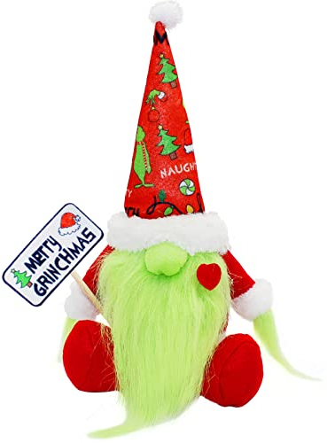 Hioph Grinch Gnome Decorations, Christmas Cute Gnome Plush Handmade Ornaments Holding Merry Christmas Board Dolls Santa Decoration Xmas Party Table Decor Desplay