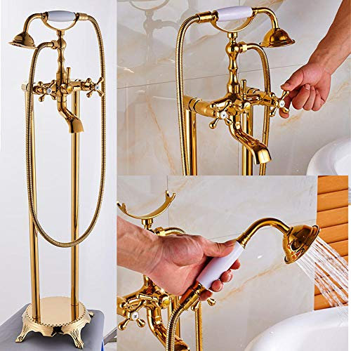 Huin Mitigeur de baignoire Robinet de salle de bain Robinet de remplissage de baignoire à montage au sol Double poignée et trou Douchette en céramique-Or