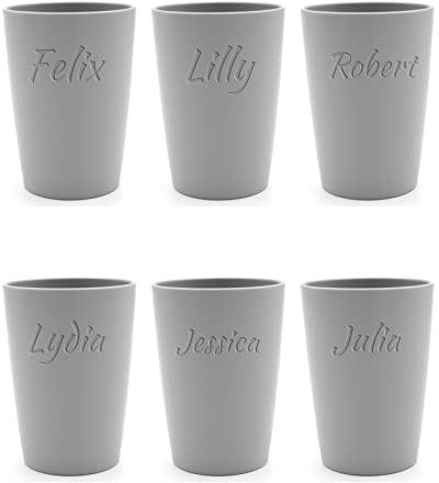 Magu 6 Personalisierte Becher aus Biopolymer (100% Erdölfrei) mit Namen | 6er Set Trinkbecher + Individuelle Namensgravur Zahnputzbecher Natur Design 6 Stück silber