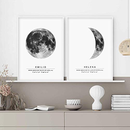 Leinwand-Wandkunst-Bilder,Personalisierte Mondphase Mond nach Datum Wandkunst Leinwand Gemälde Poster Drucken Hochzeit Andenken Geschenk Bild Kinderzimmer Wohnkultur 50x70cmx2 ungerahmt