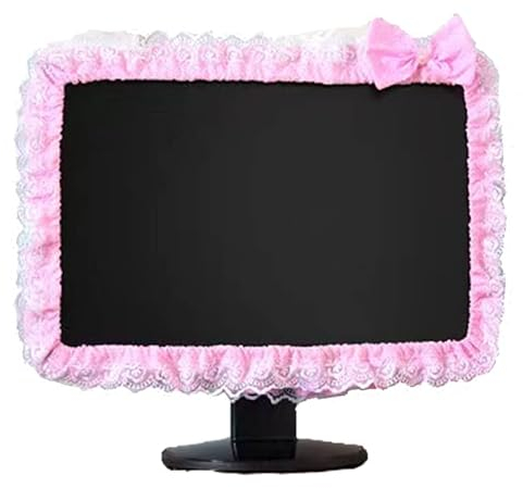 Computer-Monitor-Abdeckung mit niedlichem, niedlichem, elastischem Stiftfach, Schleife für TV-LCD-Bildschirm, Dekoration, Staubschutz, Spitzenstoff (43,2 - 55,9 cm, Rosa)
