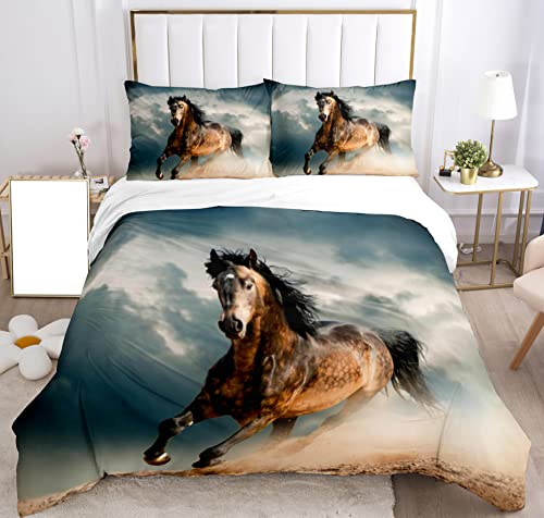 SHUAIG Juego de ropa de cama con caballos, juego de cama 3D para niños con estampado de caballos animales y funda nórdica, para niños, adolescentes y adolescentes. (caballo marrón, 135 x 200 cm)