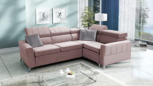 All4All Ecksofa mit Schlaffunktion Bari II 262 x 196 cm - Eckcouch mit Bettkasten - Sofa in L-Form - Schlafsofa Klein - Rechte Seite - Rosa - Modern - Velvetstoff 26